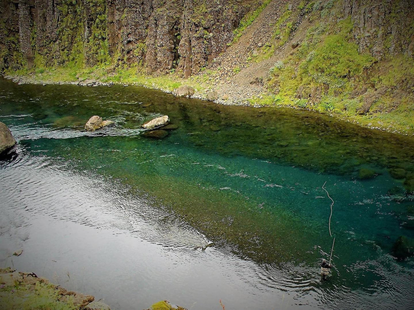 En klar blågrön älv vid mossig klippa, idealiskt för sportfiske. Synliga stenar, lugna krusningar och grönska längs stranden.