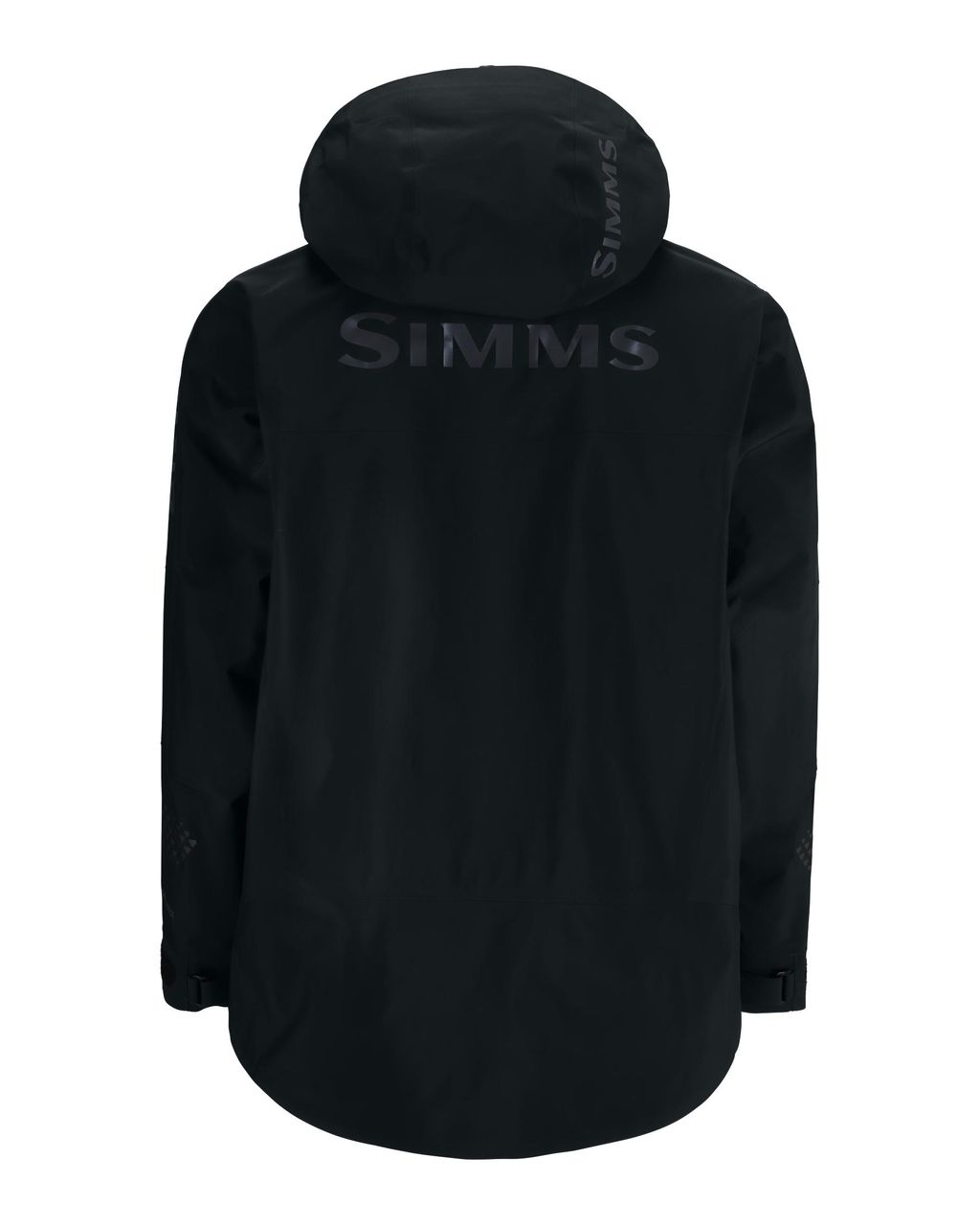 Simms Pro Dry Jacket - svart GORE-TEX-fiskjacka med huva, långa ärmar och SIMMS-logo på rygg och huva, perfekt för sportfiske.