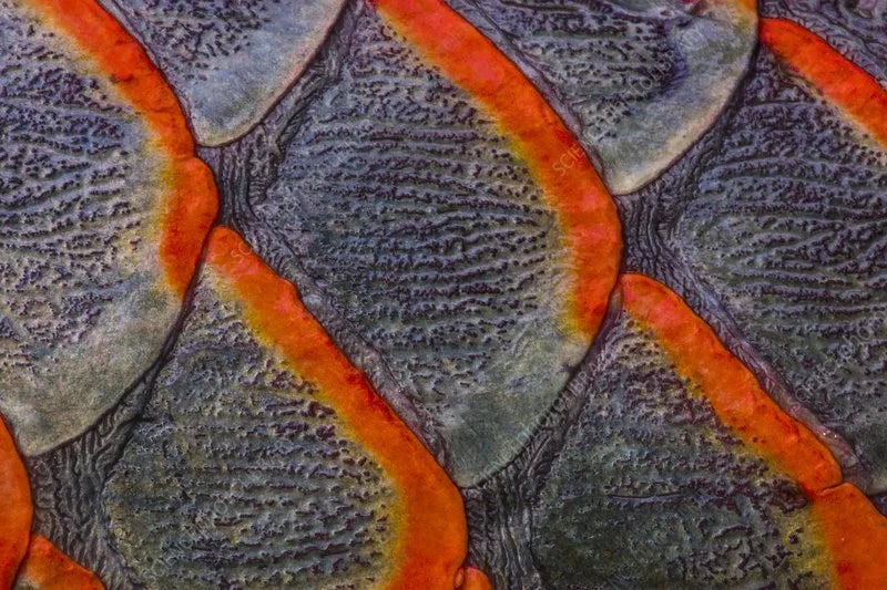 Närbild av fiskfjäll med mönstrad yta; grå fjäll med klara orange kanter - perfekt för sportfiskarens nästa fiskeäventyr.