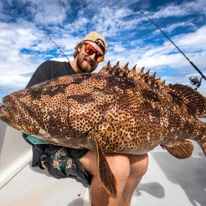 En person med solglasögon och keps ler och håller en stor prickig grouper på en båt under en fiskeresa, spön i bakgrunden.