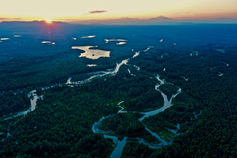 Flygfoto över slingrande sjöar och älvar i grön skog vid solnedgång, idealiskt för fiskeresa med utsikt mot berg.