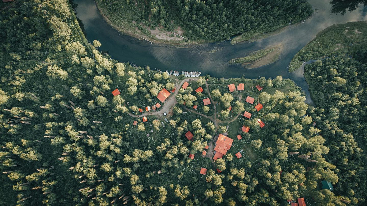 Flygfoto över skogsområde med röda tak nära slingrande älv - perfekt för fiskeresa och lockar sportfiskare till lugnet.