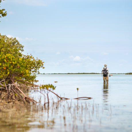 Sportfiskare med hatt och ryggsäck fiskar i grunt vatten vid mangrove på Acklins, Bahamas under klar himmel.