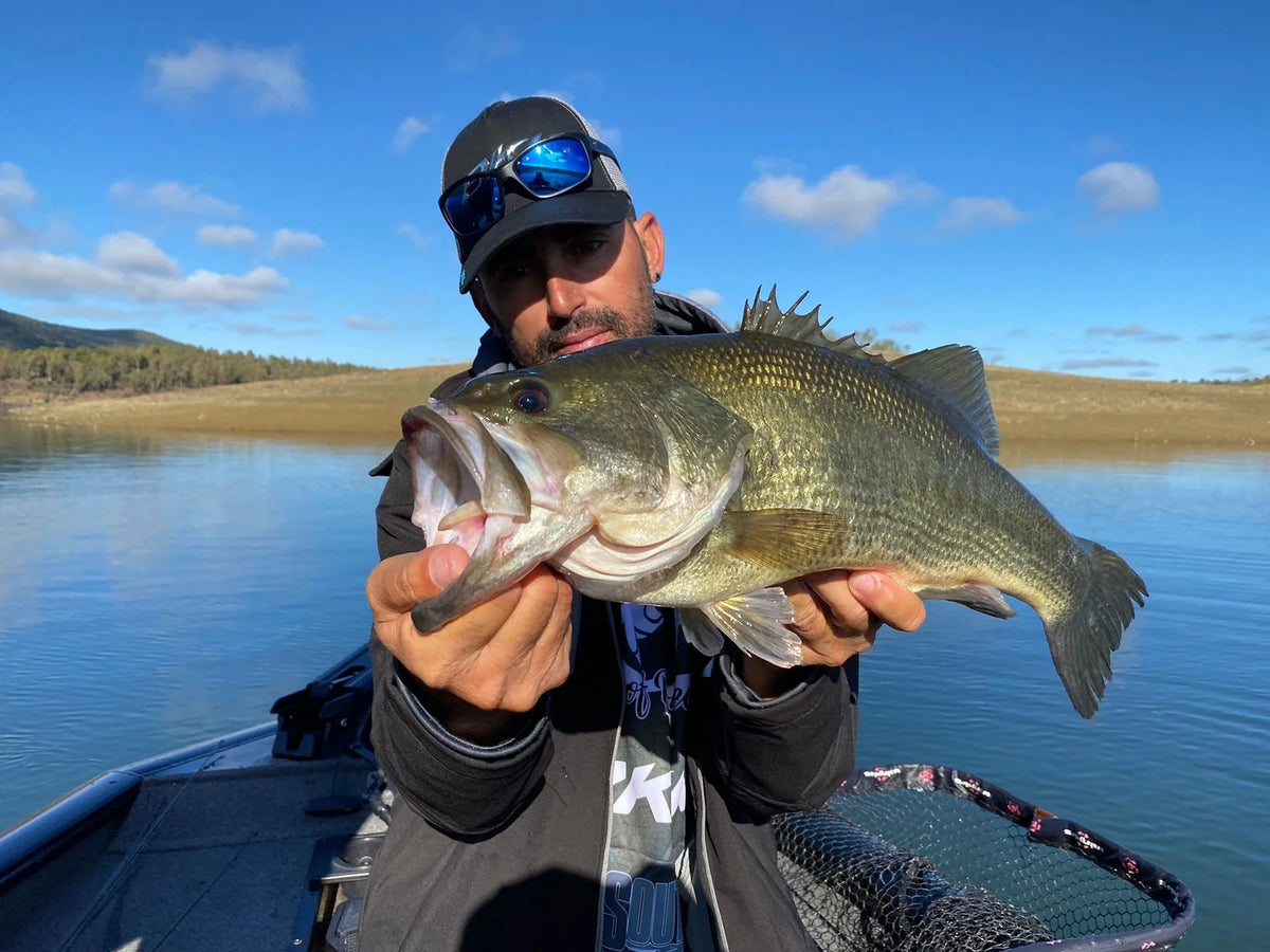 Sportfiskare på båt visar stolt upp en stor bass framför kameran, med lugn sjö och blå himmel - fiskeresa i toppklass.