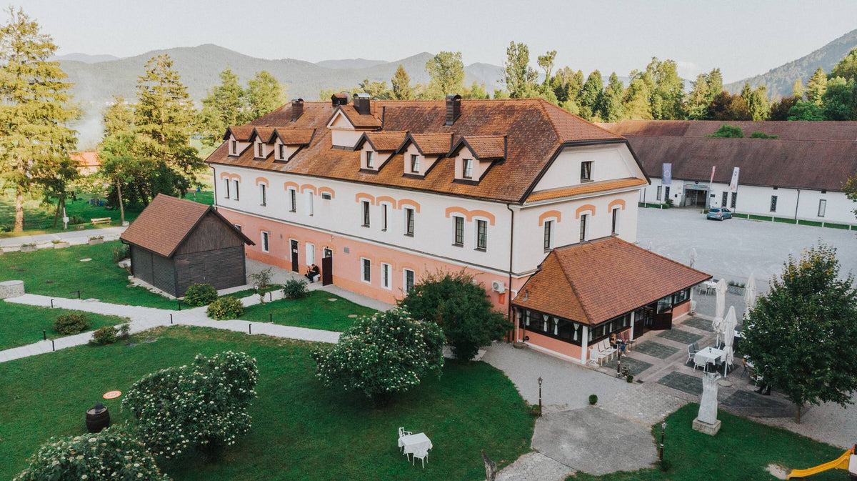 Flygfoto av stor tvåvåningsbyggnad med rött tegeltak, grönska och fjäll-perfekt för fiskeresa eller sportfiske.