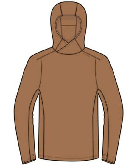 Digital illustration av Simms SolarFlex Hoody, långärmad brun fiskröja med huva, UPF 50+ skydd och andasmaterial.