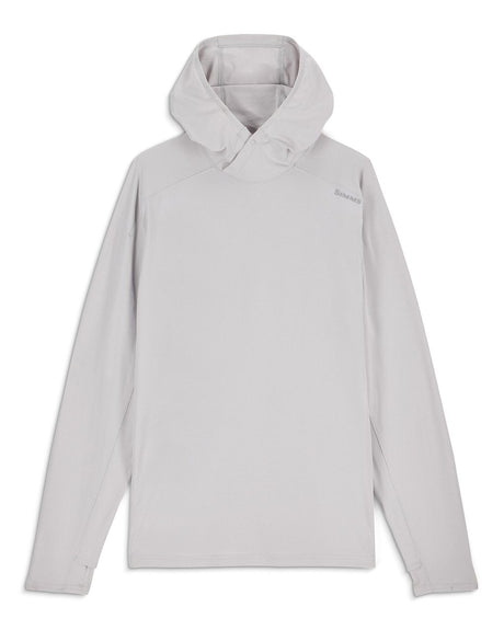 Simms SolarFlex Hoody i ljusgrått, lång ärm, UPF 50+, perfekt för fiskeäventyr. Platt på vit bakgrund.